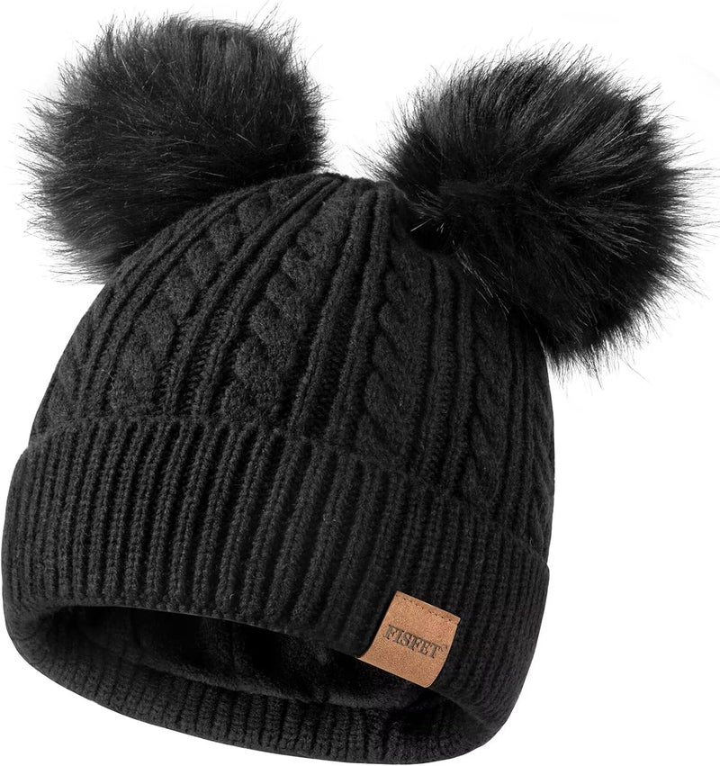 FISFET Beanies Women with Double Pom Pom, Winter Hats for Women Cold Weather Warm Knit Fleece Lined, Cute Beanie Cap - Image 1